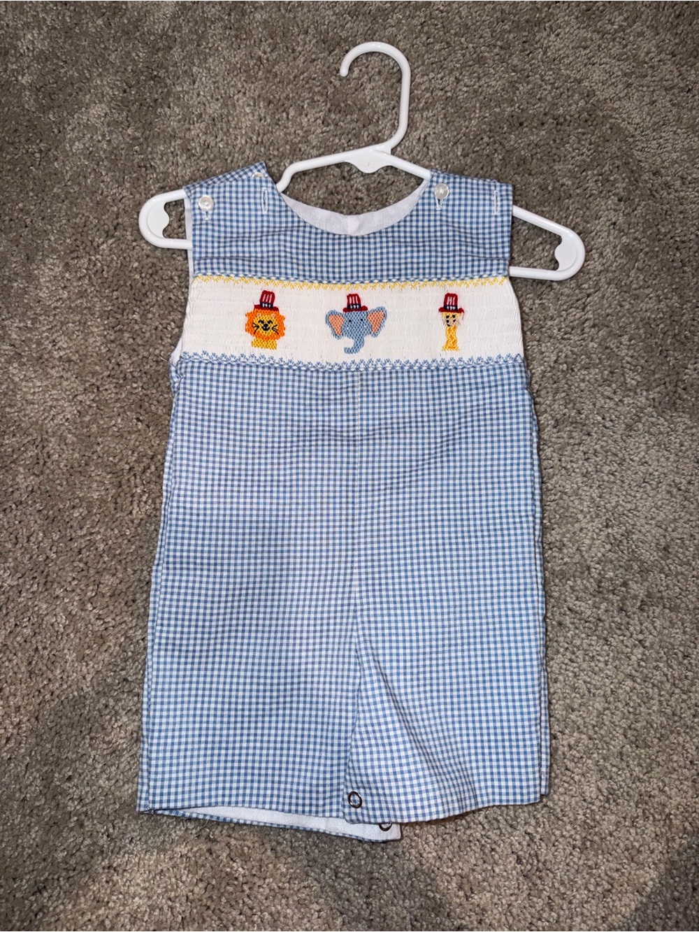 Blue Gingham Smocked Circus Animal Kids One-Piece Pajama